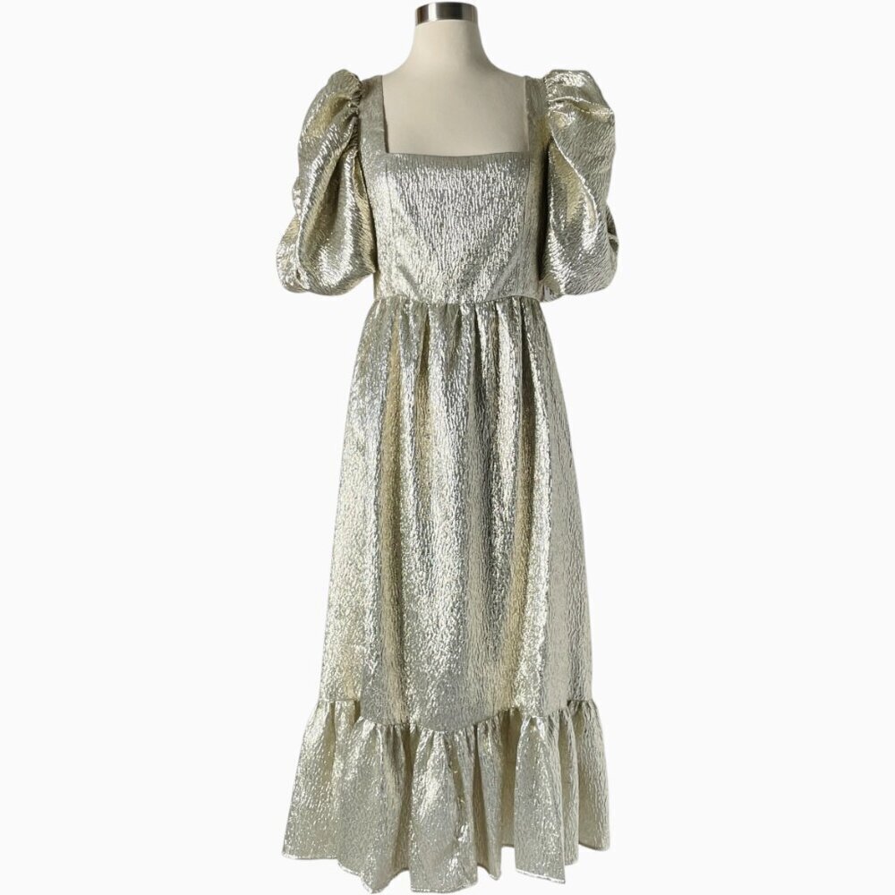 Loeffler Randall Elisa Puff Sleeve Gold Midi Evening Dress Size 4 - Picture 10 of 10
